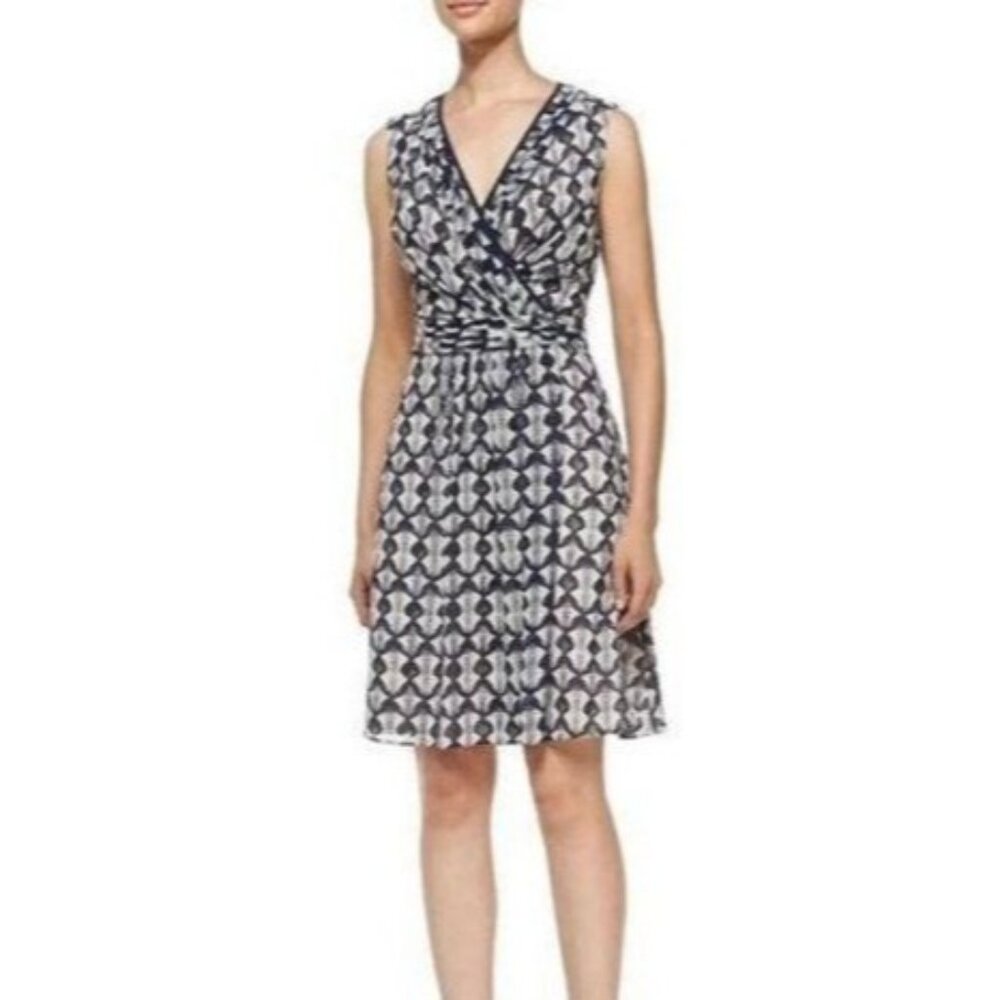 Tory Burch Silk Faux Wrap Knee-Length Navy Blue Cream Abstract Print Dress 12